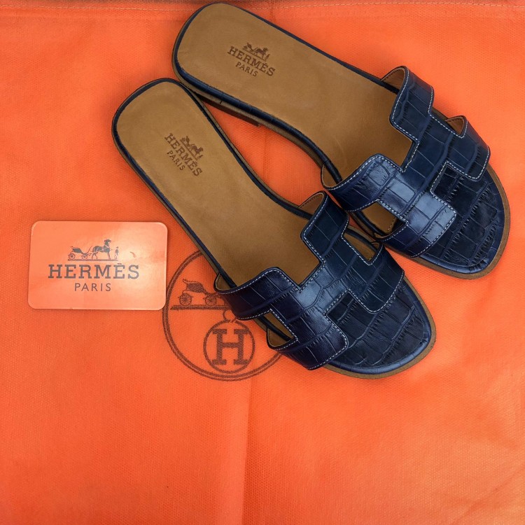 HERMES ORAN SANDALS KROKO LACİVERT TERLİK